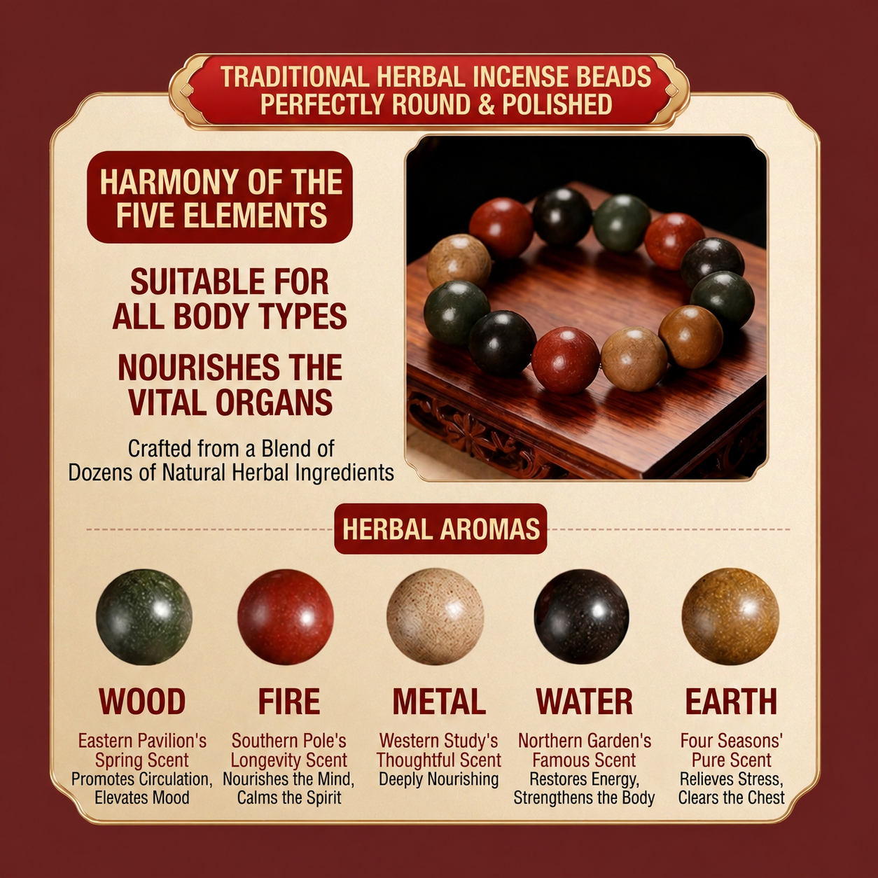 Five Elements Harmony: Traditional Handmade Aromatic Herbal Bead Bracelet