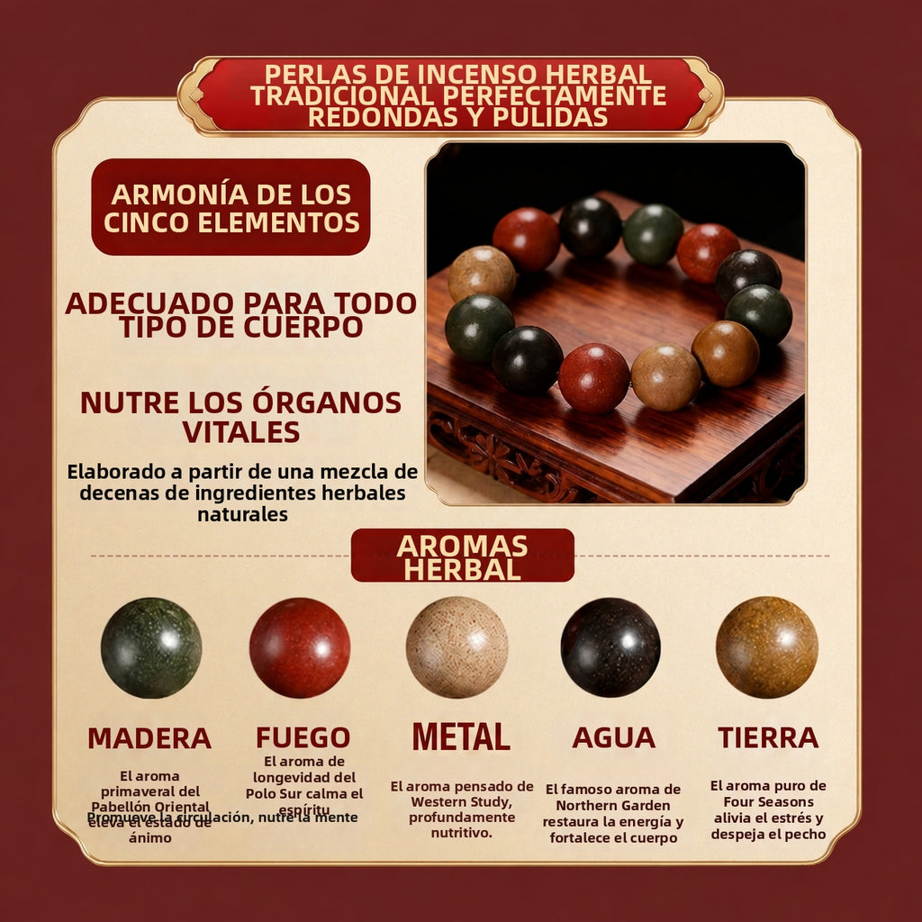Armonía de los cinco elementos: pulsera tradicional de cuentas de hierbas aromáticas hecha a mano