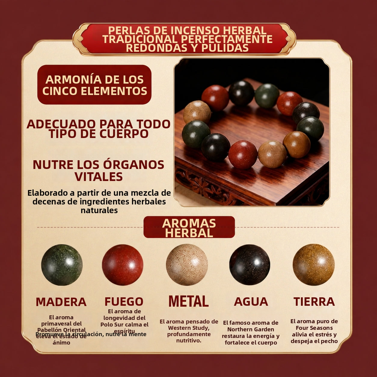 Armonía de los cinco elementos: pulsera tradicional de cuentas de hierbas aromáticas hecha a mano