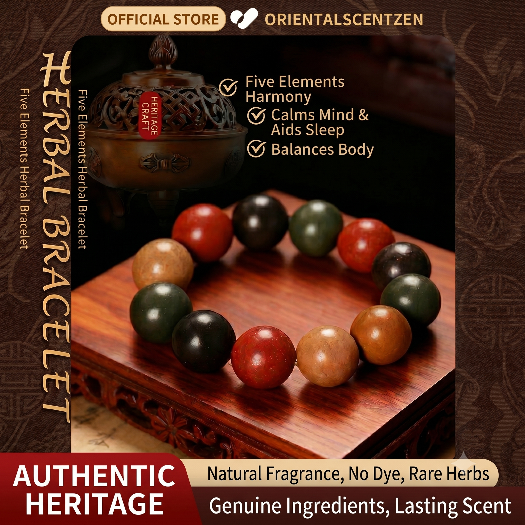 Five Elements Harmony: Traditional Handmade Aromatic Herbal Bead Bracelet
